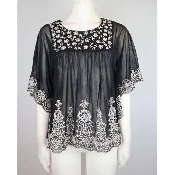 INC INTERNATIONAL CONCEPTS - WOMEN'S SHEER BLACK EMBROIDERED PEASANT TOP - XS - Picture 2 of 9